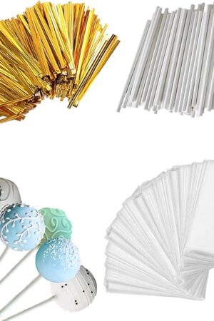 300 PCS Cake Pop Sticks and Wrappers Kit Including 100ct 6-inch Cake Pop Paper Lollipop Sticks, 100ct Clear Candy Treat Bags, 100ct Gold Twist Ties for Cake Pops, Lollipops, Candy, Chocolate