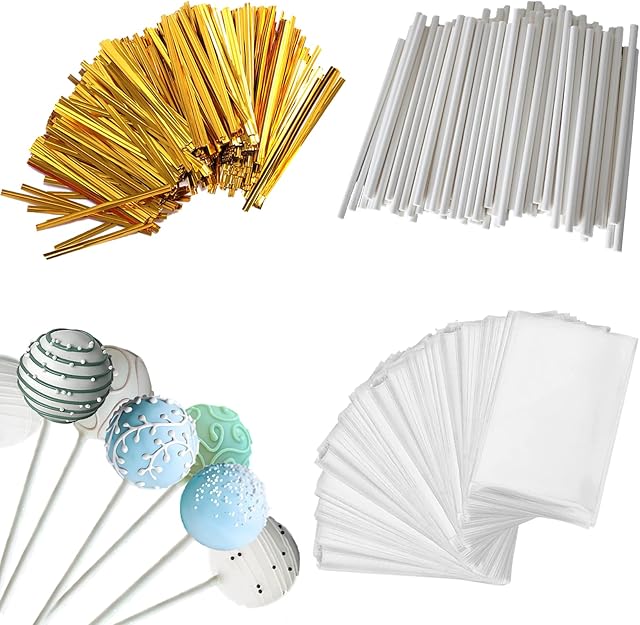 300 PCS Cake Pop Sticks and Wrappers Kit Including 100ct 6-inch Cake Pop Paper Lollipop Sticks, 100ct Clear Candy Treat Bags, 100ct Gold Twist Ties for Cake Pops, Lollipops, Candy, Chocolate
