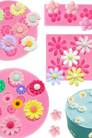 4Pcs Daisy Flower Silicone Molds Chrysanthemum Silicone Molds Small Flower Shapes Fondant Cake Chocolate Molds Polymer Clay Resin Mold for Cake Decoration Candy Ice Cube Soap Wax Making DIY Craft
