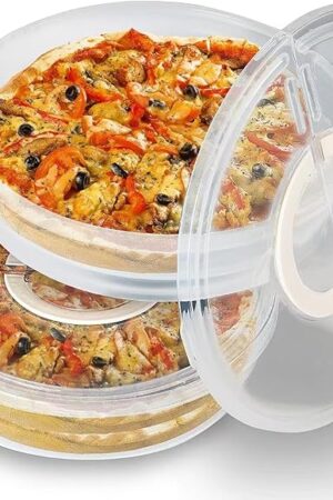 2 Pack 12inch Food Storage Container with Lid and Handle, Reusable 2 Compartments Pizza Slice Storage Container, Round Clear Pie Carrier Leftover Pizza Keeper for Cake Cheesecake Tortilla Pastry