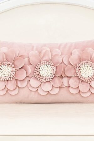 Alerfa 3D Flower Handmade Throw Pillow Cover Decorative Pink Velvet Pillowcase Cushion Cover with Hidden Zipper for Couch Bed Living Room Home Decor 12x20 Inches
