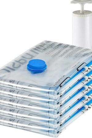 Amazon Basics Vacuum Compression Space Saving Storage Bags with Hand Pump, Large, Pack of 5, Clear