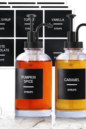 Coffee Syrup Dispenser for Coffee Bar, Set of 2 Simple Glass Syrup Bottle w. Pump and Labels, 16.9 oz 500ml Syrup Pump Dispenser, Syrup Dispenser Black