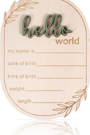 Baby Announcement Sign, 5.91x4.13 Inch Wooden Hello World Baby Name Sign Newborn Announcement Sign Birth Announcement Plaque for Home Hospital Nursery