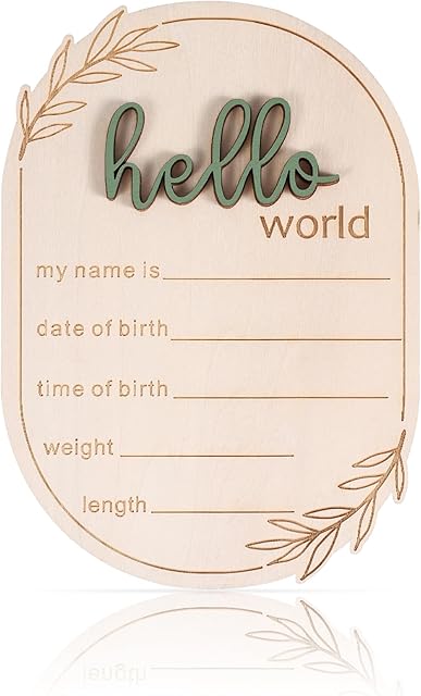 Baby Announcement Sign, 5.91x4.13 Inch Wooden Hello World Baby Name Sign Newborn Announcement Sign Birth Announcement Plaque for Home Hospital Nursery