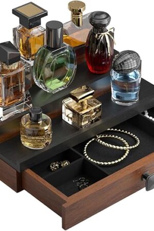 3 Tier Wooden Cologne Organizer with Drawer Hidden Compartment