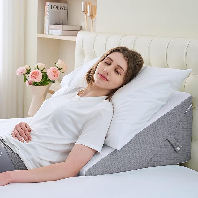 Sasttie Wedge Pillow for After Surgery, Adjustable Memory Foam Bed Wedge Pillow Headboard for Sleeping, Acid Reflux, Surgery Recovery, Neck & Back Support, White and Dark Grey
