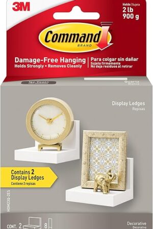Command Display Ledges, Holds up to 2 lb, Quartz, 2 Ledges with 8 Medium Command Strips, Damage Free Hanging Floating Shelf with Adhesive Strips, Personalize Living Room, Bedroom, Kids Room or Office