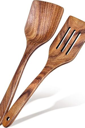 2Pcs Wooden Spatula, Acacia Solid & Slotted Turner Spatula Set, Long Handle Flat Frying Spatulas, Ideal Kitchen Gift for Mother and Grandma, Kitchen Utensils Set for Cooking, Frying, Baking