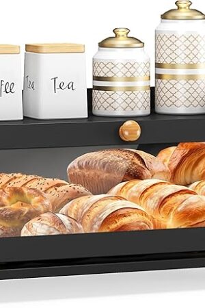 Bread Box for Kitchen Countertop, Large Bread Container Storage, Wooden Farmhouse Bread Box with Window Bread Holder (Black)