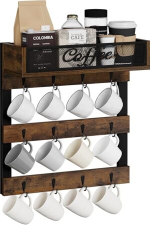 YINMIT Wall Mounted Coffee Mug Holder with Top Shelf, Brown