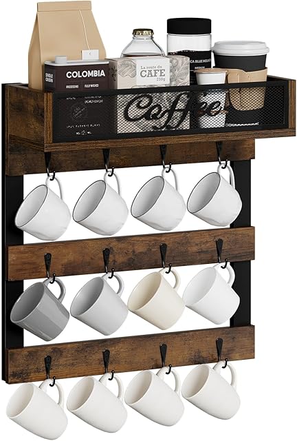 YINMIT Wall Mounted Coffee Mug Holder with Top Shelf, Brown