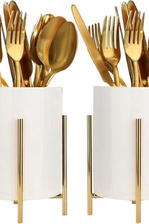 2pcs Sturdy Cutlery Holder White Ceramic With Metal Bracket Robust Silverware Caddy For Countertop - Spoon Holder Silverware Caddy