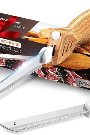 Electric Knife - Easy-Slice Serrated Edge Blades Carving Set for Meat, Bread, Turkey, Ribs, Fillet, DIY, Ergonomic Handle + 2 Blades for Raw & Cooked Food(Faux Wood)