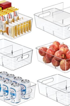 6 Pack Pantry Organizers and Storage,Clear Plastic Containers with 2 Dividers for Kitchen,Fridge Organization and Storage,Acrylic Bins for Pounches,Spice Packet,Snack organzier