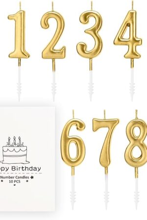 Beanlieve 10-Pieces Numeral Birthday Candles - Cake Numeric Candles Number 0 1 2 3 4 5 6 7 8 9,Used for Cake Decoration on Birthday Parties and Wedding Anniversary Celebrations(Champagne Gold)