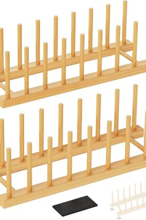 Bamboo Dish Drying Rack, 2 Pack Wooden Storage Holder Organizer for Plate/Bowl/Cup/Book/Pot/Lid/Cutting Board Drying Rack Stand Holder