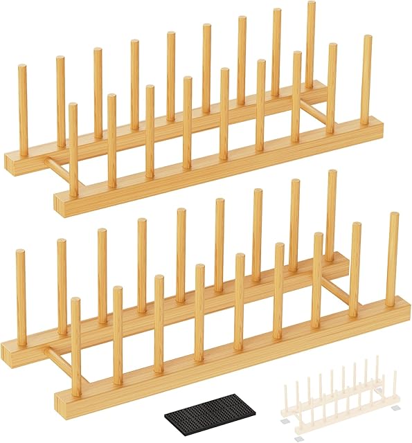Bamboo Dish Drying Rack, 2 Pack Wooden Storage Holder Organizer for Plate/Bowl/Cup/Book/Pot/Lid/Cutting Board Drying Rack Stand Holder