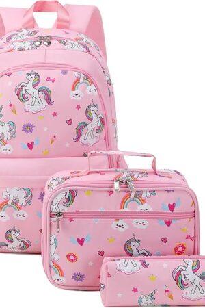 Backpack for Girls, Kids Unicorn Backpack Set, Elementary Primary Middle School Bookbag with Lunch Box and Pencil Case, Pink (Unicorn)