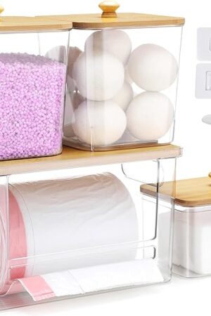 ALOCEO 4 Pcs Extra Large Trash Bag Dispenser & Laundry Containers, Wall Mounted Clear Laundry Pods Container Dryer Sheet Holder with Lids for Laundry Room Organization and Storage