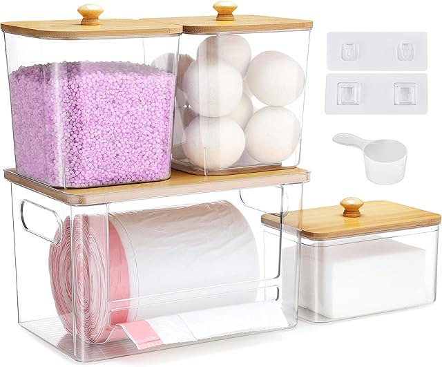 ALOCEO 4 Pcs Extra Large Trash Bag Dispenser & Laundry Containers, Wall Mounted Clear Laundry Pods Container Dryer Sheet Holder with Lids for Laundry Room Organization and Storage