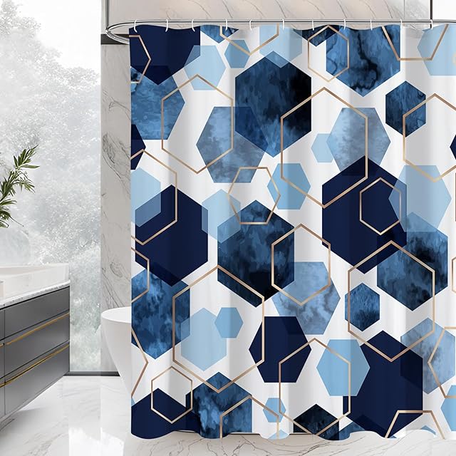 Blue Shower Curtain Set, Modern Geometric Art Decor Waterproof Bath Curtain, Abstract Fabric Shower Curtain for Bathroom, 72x72 Inch
