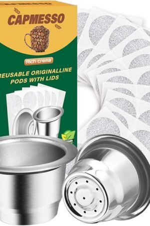 CAPMESSO Reusable Capsules for Nespresso OriginalLine, Refillable Coffee Pods Stainless Steel Cups Compatible with Nespresso OriginalLine Brewer(2 Pods+100 Lids)