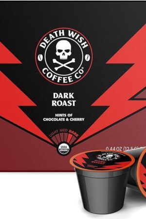 Death Wish Coffee, Single Serve Pods - Dark Roast Coffee Pods - Made with USDA Certified Organic, Fair Trade, Arabica and Robusta Beans (20 Count)