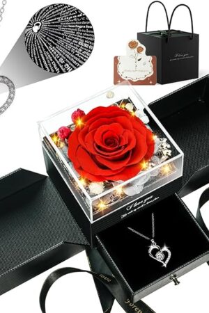 Birthday Gifts for Women, Preserved Real Roses with Heart Necklace I Love You in 100 Languages, Romantic Anniversary Wedding Gifts for Women Her Girlfriend Wife, Forever Roses Necklace Gift Box Red