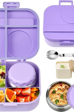 Bento Lunch Box for Kids with 12oz Soup Thermo,4 Compartments Lunch Box Containers Kids, Includes Foldable Spoon &Sauce Jar, BPA Free&Leak proof,Insulated Food Jar for Travel,School,Picnic