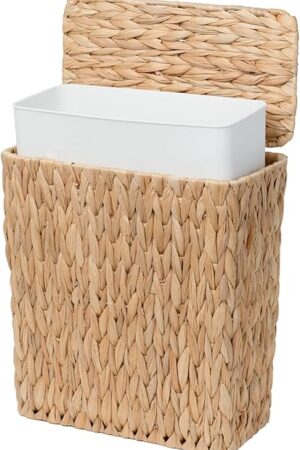 3 Gallon Wicker Trash Can,Small Bathroom Trash Can with Lid,Natural Water Hyacinth Wicker Waste Basket for Bedroom,Toilet,Narrow Garbage Can with Removable Liner
