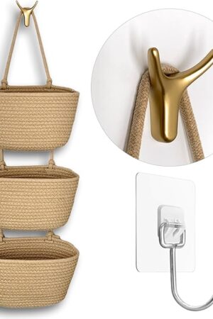 3-Tier Decorative Cotton Rope Hanging Basket, Wall-Mounted Woven Storage Organizer Bag, Jute