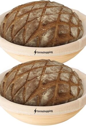 Banneton Bread Proofing Basket - Banneton Basket Set of 2 Pack 10 inch Round Sourdough Proofing Basket with Liner - Handmade Rattan Proofing Rising Bowl for Artisan Bread Making Baking Supplies