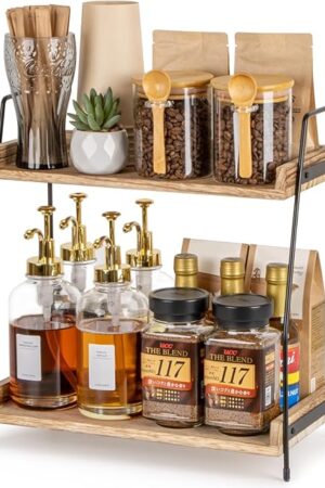 Countertop Coffee Station Organizer, 2 Tier Wooden Shelf for Coffee Bar Accessories, Condiment Storage Caddy for Kitchen, Home, Office - Brown