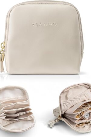 Vlando Small Travel Jewelry Case,Travel Gifts for Women,Jewelry Pouch Bags with Zipper,Velvet Jewelry Organizer Storage Bag for Bracelet Rings Earring-Cream White