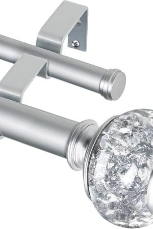 1 Inch Double Curtain Rods 72 to 144 Inches (6 to 12 ft), USFOOK Silver Drapery Rods for Windows, Telescoping Dual Curtain Rod with Translucent Finials, Decoration for Home