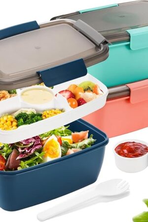 Youeon 3 Pcs 68 Oz Salad Lunch Container with 4 Compartment Tray, Bento Lunch Box with Spoon & Dressing Cup, Leakproof Salad Container for Lunch, Toppings, Snacks, Fruits, BPA-Free