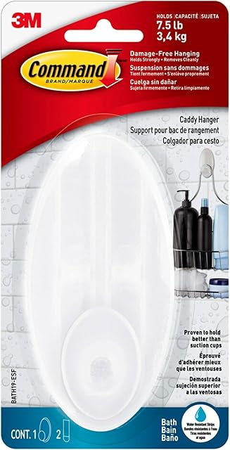 Command Caddy Hanger with Water-Resistant Adhesive Strips, Bathroom Organizer for Hanging Shower Caddy, 1 Shower Hook with 2 Command Strips