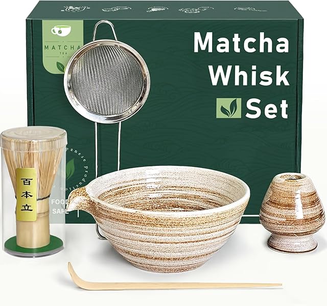 Matcha Whisk Set with Matcha Bowl, Matcha Whisk Holder Matcha Bamboo Whisks, Scoop, Sifter, Unique Gifts for Women Men Girl Friend Home Kitchen Decor Gifts for Tea Enthusiasts Christmas