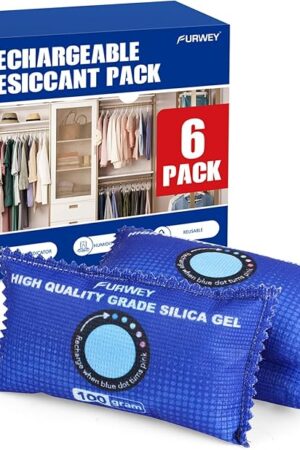 100g [ 6 Packs] Rechargeable Desiccant Packs for Storage, Color Indicating Silica Gel Desiccant Packets, Moisture absorbers for storage,Desiccant Dehumidifier bag for Closets,Cars,Storage Bins