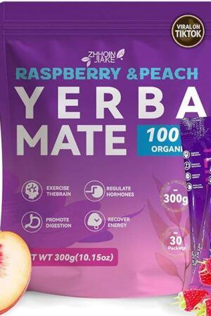 Yerba Mate Instant Tea Powder - Raspberry Peach Flavor - Gut Health & Clean Energy Super Drink with Nootropics, Prebiotics & Probiotics - Energy Boost & Focus - 30 Sticks (300g)