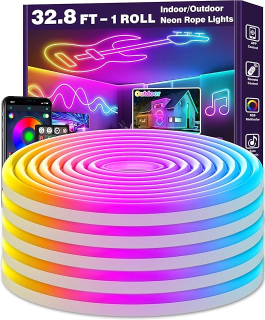 32.8Ft Neon Rope Lights,Flexible Led Rope Lights Control with App/Remote,Multiple Modes Rope Lights,IP65 Outdoor RGB Led Neon Lights Waterproof,Music Sync Gaming Led Light Strip (32.8FT)