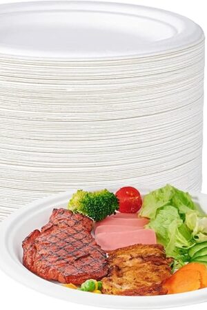 ECOLipak 100% Compostable 10 Inch Heavy Duty Paper Plates, 150 Pack Disposable Biodegradable Eco-friendly Sugarcane Bagasse Plates for Dinner Party(White)