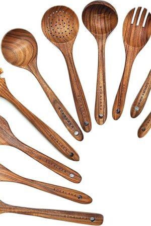 Wooden Spoons for Cooking,10 Pcs Natural Teak Wooden Kitchen Utensils Set Wooden Utensils for Cooking Wooden Cooking Utensils Wooden Spatulas for Cooking