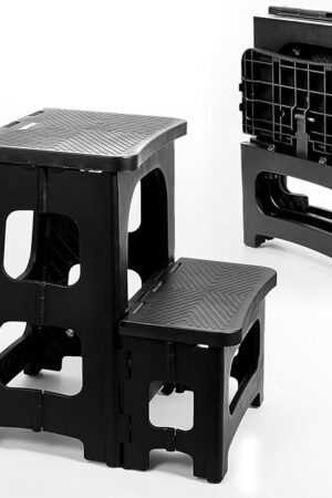 2-Step Stool Foldable, Plastic Steps Stool Folding Step Ladder Two Stepstools Collapsible Step Stools for Adults for Kitchen Home Bathroom RV, Pool Ladder Above Ground-Black
