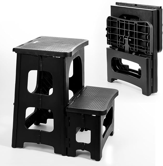 2-Step Stool Foldable, Plastic Steps Stool Folding Step Ladder Two Stepstools Collapsible Step Stools for Adults for Kitchen Home Bathroom RV, Pool Ladder Above Ground-Black