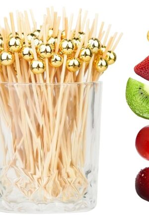 200PCS Cocktail Picks, Fancy Toothpicks for Appetizers, Decorative Skewers for Appetizers Drinks Party Fruit, 4.7 Inch Long Wooden Bamboo Gold Ball Food Sticks Charcuterie Boards Accessories