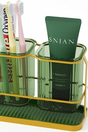 Countertop Toothbrush Holders, Electric Tooth Brush and Toothpaste Holder for Bathroom Wall with Hook, 2 Cups Toothbrush Organizer with Drain Tray Bathroom Accessories Storage (Green)