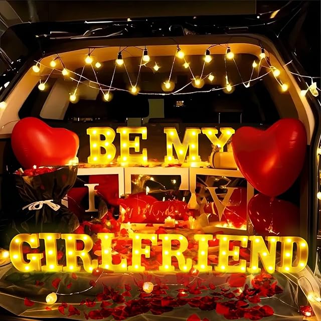 Be My Girlfriend Light Up Letters Proposing Decorations Set Includes 14 LED Light Letters and 1000 Rose Petals Valentine's Day Ornaments