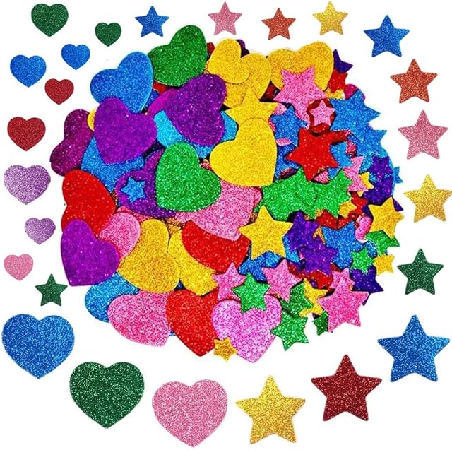 The 200 PCS Colorful Glitter Foam Stickers Self Adhesive Stars Heart Shapes Stickers Arts Craft Supplies for DIY Crafts Scrapbooking Greeting Cards Party Decorations Classroom Projects
